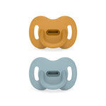 Color Essence SX PRO Silicone Baby Pacifier 2Pk, Made with 100% Soft Silicone, Baby Essentials Perfect for Breastfeeding Babies, Designed in Spain, 6-18 Mths, Mustard/Blue