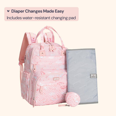 BabbleRoo Diaper Bag Backpack - Baby Essentials, Travel Essentials Baby Bag with Changing Pad, Stroller Straps & Pacifier Case - Unisex, Pink Birdy