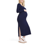 Motherhood Maternity Women's Long Sleeve Ribbed Square Neck Bodycon Casual Pregnancy Dress, Peacoat, Large