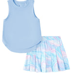 PATPAT Girls 2 Piece Tennis Skirt Set Size 6-7, Blue Tank Tops and Blue Tie Dye Pleated Skort with Built In Shorts 2 Piece Outfits Girl Summer Clothes Workout Outfit Athletic Sets Activewear