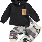 Thorn Tree Infant Baby Boys Pants Set Hooded Solid Sweatshirt Top Pocket Elastic Waist Pants 2Pcs Outfits Fall Winter Suit