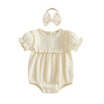 Kupretty Newborn Baby Girl Summer Clothes Vintage Muslin Linen Ruffle Romper Short Sleeve Bodysuit Jumpsuit with Headband (Cream, 3-6 Months)