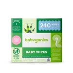 Box of baby wipes with green and white design on a white background