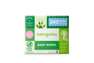 Box of baby wipes with green and white design on a white background
