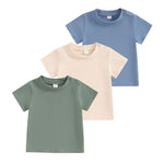 Tsseiatte 3-Pack Toddler Baby Boy Girl Short Sleeve Crew Neck T Shirt Pullover Shirts Summer Basic Tees Solid Casual Clothes (A-Beige Blue Green, 18-24 Months)