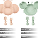 PandaEar 2 Pack Silicone Suction Plates for Toddlers Baby with 4 Spoons Self Feeding, Divided Unbreakable Toddler Plates with Suction, Baby Plates and Utensils Set, Baby Dishes, Green Crab & Pink Bee