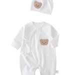 Baby Ribbed Romper and Hat Set with Bear Applique, 100% Cotton Infant Bodysuit Jumpsuit for All-season, Long Sleeve (White, 1-3M)