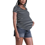Motherhood Maternity Women’s Square Neck Rib Knit Short Sleeve Pregnancy Top, Black & White Stripe, Medium