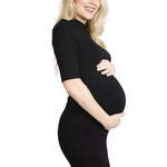 Motherhood Maternity Women's Elbow Sleeve Ribbed Mock Neck Maxi Pregnancy Dress, Black, Medium