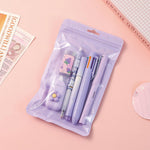 MOZXIRZ 6 Pcs Cute Pink Stationery Set Kawaii School Supplies Office Supplies Women Girls Stationery Kit Including Ballpoint Pens Pencil Highlighter Correction Tape Ruler Eraser (Purple)