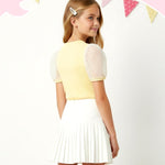 PATPAT Girls Puff Sleeve Top Size 4-5 Ribbed Short Sleeve Yellow Lace Blouse Toddler Dress Shirt Cute Clothes Birthday Girl Shirt Summer Tops