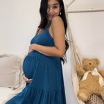 GINKANA Maternity Spaghetti Strap Dresses Solid Women's Sleeveless Cami Dress Knee Length Summer Baby Shower Dress, Teal, XL