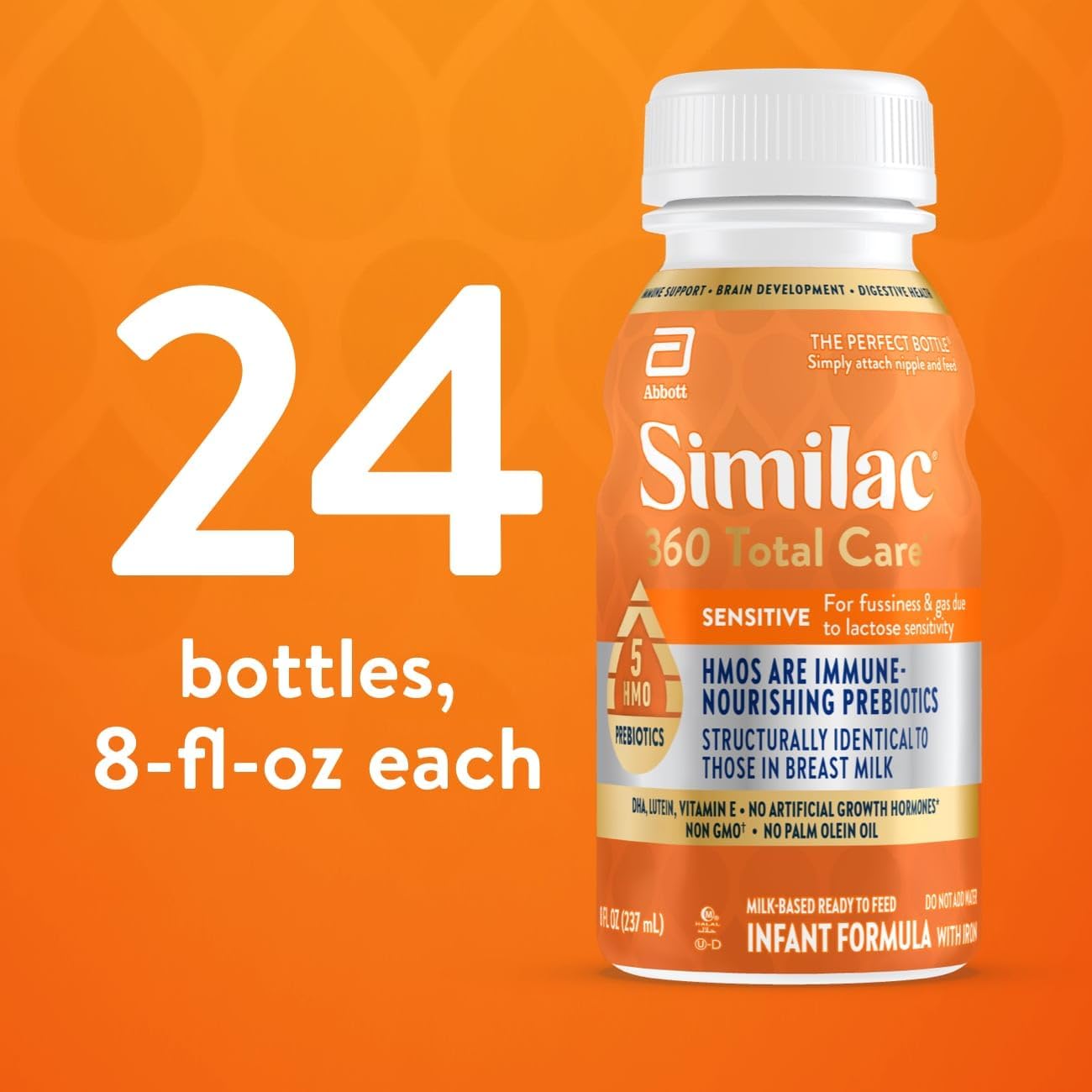 Similac 360 Total Care Sensitive Infant Formula for Fussiness & Gas Due to Lactose Sensitivity, Has 5 HMO Prebiotics, Non-GMO, Baby Formula, Ready to Feed, 8-fl-oz Bottle, Pack of 24