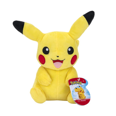 Plush toy resembling Pikachu with a Pokémon tag on a white background