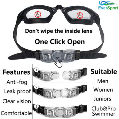 EverSport Swim Goggles, Swimming Glasses for Adult Men Women Youth Kids Child, Anti-Fog, UV Protection, Blue&Black