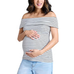 Motherhood Maternity Women’s Off-The-Shoulder Rib Knit Pregnancy Top, White/Black Stripe, Medium