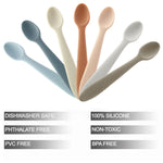 Set of silicone spoons in various colors with safety features listed below on a white background.