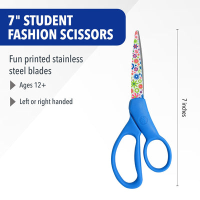Westcott Fun and Fashionable Student Scissors for Ages 12+, Stainless Steel Floral-Printed Blades, Back-to-School, School Supplies, Classroom Supplies, 7-Inch