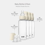 BIBS Baby Bottle 270 ml Silicone Nipple 4 Pack - Anti-Colic, BPA-Free, Round Nipple, Lightweight & Easy to Clean, Suitable for Newborns 0+ Years, 4-Pack + 2 Extra Nipples - Ivory