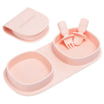 yahaa Toddler Plates Travel Essential on the go,Baby Plates with Forks and Spoons Self Feeding 6 months,Foldable,Silicone,BPA Free,Blush