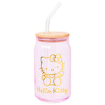 Silver Buffalo Sanrio Hello Kitty Gold 2 Pack Pink Glass Jar Tumbler with Bamboo Lid and Glass Straw, 16 Ounces