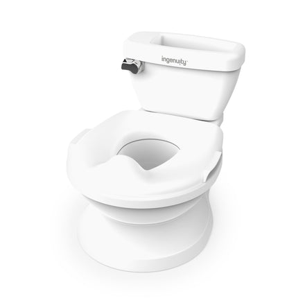 White toilet seat with a raised platform on a white background, featuring the 'ingenuity' brand.