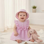 Vibebox Baby Girl Dresses 6-9 Months Ruffle Sleeveless Waist Bow Button Dress Gifts Infant Girls 9-12 Months Pink Stripes Summer Beach Garden Party Wedding Sundress Sets with Hat and Underwear