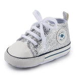KKIIDDSS Unisex Baby Girls Boys Canvas High-top Shoes, Newborn Infant Anti-Slip Soft Sole Frist Walking Sneakers (B02/Sequin Silver, 12-18 Months)