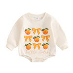 Chloefairy Newborn Baby Girl Bubble Romper Little Cutie Onesie Bowknot Orange Sweatshirt Romper Long Sleeve Oversized Bodysuit (Beige, 12-18 Months)