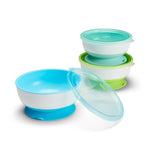 Munchkin Stay Put Suction Baby Bowls with Lids - Dishes for Babies and Toddlers, Self-Feeding Bowl Set for Kids 6+ Months, 3 Pack, Blue/Green