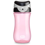 Pink sippy cup with black and gray lid on a white background