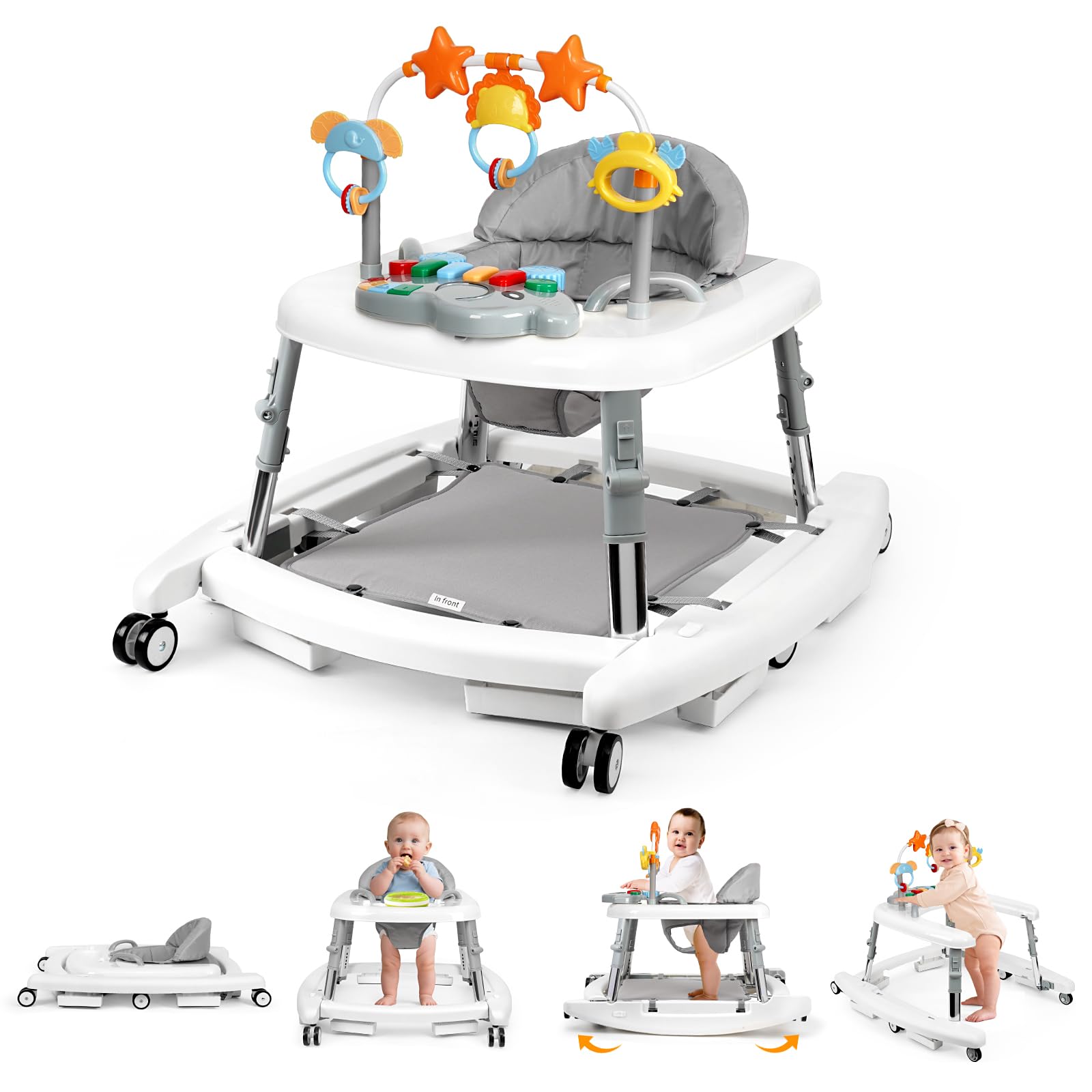 Wolfcode 5-in-1 Music and Lights Baby Walker Foldable with 5 Adjustable Heights, Baby Walker with Wheels and Bouncer Combo Portable, Infant Toddler Walker for Baby Boy Girls 6-18 Months