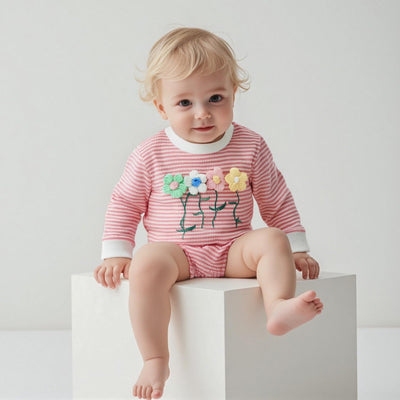 Amnnchya Newborn Baby Girl Romper 3D Flower Fall Winter Clothes Striped Waffle Bubble Sweatshirt Cute Coming Home Outfit (Pink, 12-18 Months)