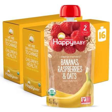 Happy Baby organic baby food package with bananas, raspberries, and oats on a white background