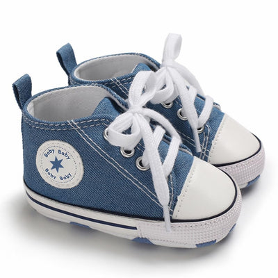 KKIIDDSS Unisex Baby Girls Boys Canvas High-top Shoes, Newborn Infant Anti-Slip Soft Sole Frist Walking Sneakers (A02/Little Blue,0-6 Months)