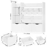 FACBOTALL Toy Storage Organizer with 3 Movable Drawers, Bookshelf and Bookcase with 6 Plastic Bins & 2 Storage Cubbies, Toy Chest with Hidden Wheels, Toy Storage Box for Playroom, School, White