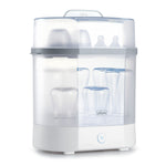 BPA-free bottle sterilizer with clear door on a white background