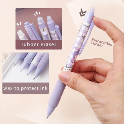 Edu Fun Erasable Pens Black Ink Gel Pen with Eraser Clear, Cute Pen for Girls and Boys,0.5mm Fine Point, Smooth Writing for Note Taking Marking Planner Crossword Puzzles (Purple)