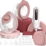 Pink and white baby care product set including a bottle, measuring tool, and other accessories on a white background.