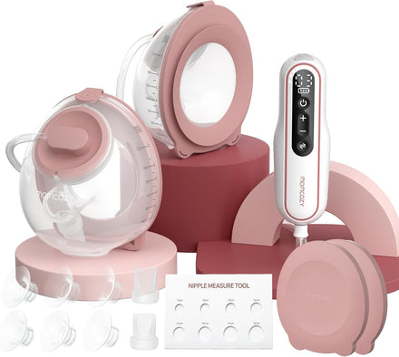 Pink and white baby care product set including a bottle, measuring tool, and other accessories on a white background.