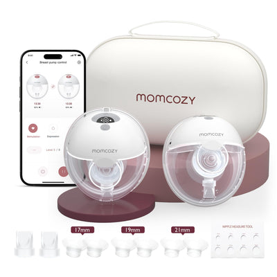 Momcozy breast pump set with app on smartphone and accessories on a white background