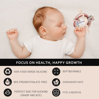 AULEGE Baby Teething Toy for Babies 3-12 Months, Silicone Baby Teether Toys with Rattle, Rattle Sensory Teether Toy, Baby Chew Toys for Teething Relief, BPA Free, Beige