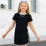 PATPAT Girls 2 Piece Outfits Size 7-8 Years, Black White Color Block Tshirts and Skorts Clothing Sets, Girls Summer Outfits, Trendy Clothes Skirt Sets Summer Clothes Lounge Sets