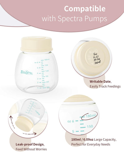 BALIME 6oz Milk Storage Bottles, Compatible with Spectra Pumps, BPA-Free, Leak-Proof Design, Dual Use as milk Storage Containers for Fridge or Freezer（4-Pack）