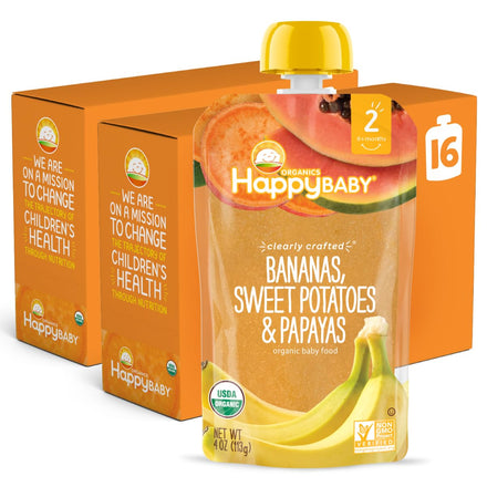 Happy Baby organic baby food package with packaging on a white background