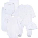 Little Me Clothes for Baby Layette Gift Set - Footie and Cap, Onesie, 3-Piece Bib and Burp Set, Swaddling Blanket, Baby Shower Gifts - White Welcome Clothes for World, 3 Months