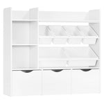 FACBOTALL Toy Storage Organizer with 3 Movable Drawers, Bookshelf and Bookcase with 6 Plastic Bins & 2 Storage Cubbies, Toy Chest with Hidden Wheels, Toy Storage Box for Playroom, School, White