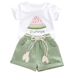 YOUNGER TREE Toddler Baby Girls Clothes Watermelon T-Shirt + Linen Shorts with Belt Cute Summer Short Set (Green, 18-24 M)