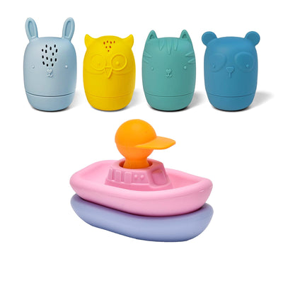LITTLE RAWR Silicone Bath Toys for Babies 6-12 Months, Easy-to-Dry Detachable Animal Squirt Toys & Floating Boat Set for Toddlers 1-3, Soft Food-Grade Sensory Water Toys for Bathtub, Pool & Beach