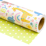 WRAPAHOLIC Reversible Baby Shower Wrapping Paper - Mini Roll - 17 Inch x 33 Feet - Animals & New Baby Design for Neutral Baby Shower, Boys Girls Kids Birthday
